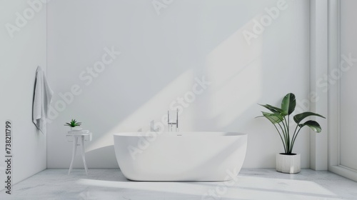 Modern White Bathroom with Centered Freestanding Bathtub AI Generated. © ArquitecAi