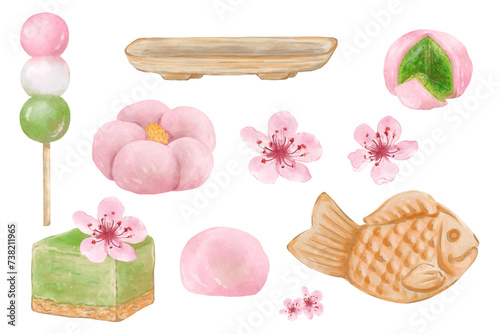 Set of hanami season desserts. Japanese traditional cuisine dishes. Taiyaki, mochi, hanami dango, and sakura flower. Watercolor hand drawn illustration, isolated photo