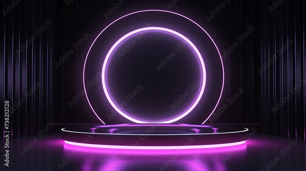 Circle neon light in black hall room, futuristic concept, Abstract geometric background, Product display, Scene, 3D Rendering Circle neon light in black hall room, futuristic concept, Abstract geometric background, Product display, Scene, 3D Rendering