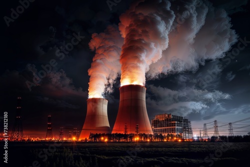 A nuclear power plant with two large cooling towers at night, releasing white smoke and emitting light. photo