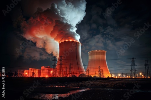 A nuclear power plant at night with heavy smoke coming out of two towers.
