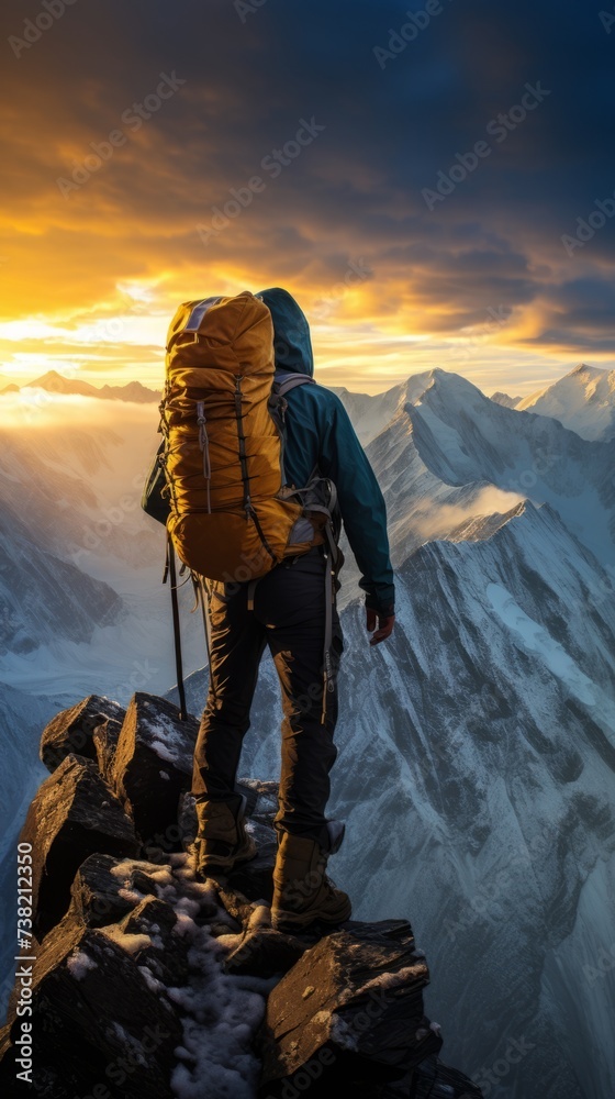 A lone hiker stands on a mountain peak and gazes at the view below. The sky is a bright orange and the sun is setting behind the mountains. A lone hiker stands on a mountain peak and gazes at the view below. The sky is a bright orange and the sun is setting behind the mountains.