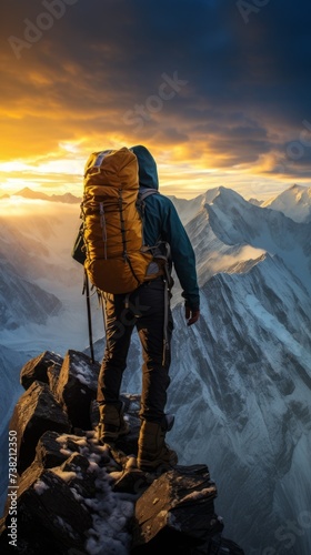 A lone hiker stands on a mountain peak and gazes at the view below. The sky is a bright orange and the sun is setting behind the mountains.