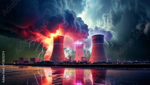 A nuclear power plant with three towers, smoke and lightning coming out, set against a dark, cloudy sky. photo