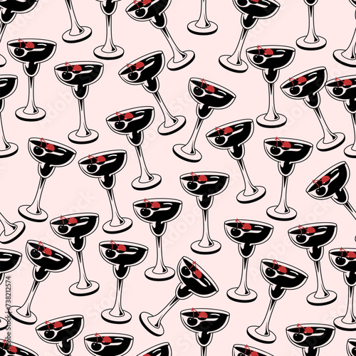 Cocktails pattern. Cocktails alcoholic old fashioned, martini, sidecar glass hand drawn engraving vector illustration vintage style. Cool trendy pattern white vintage style drinks.