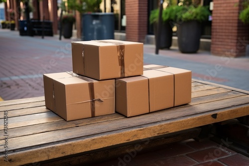 Three cardboard boxes on a wooden bench outside a business