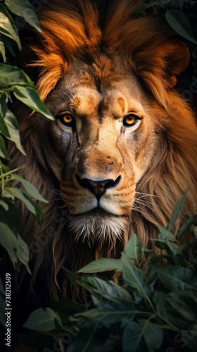 Portrait of a male lion staring through dense foliage