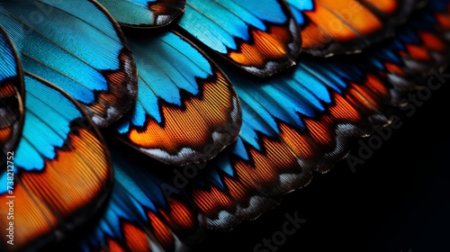 Close up of a butterfly wing with blue and orange colors on it s wings and a black background. .