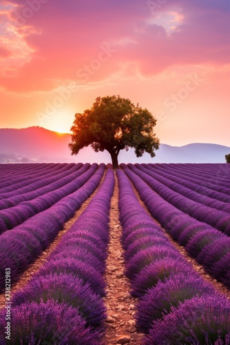 Lavender field with a tree in the middle © Molostock