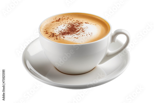 Cup of Cappuccino on a Saucer. A cup of cappuccino is placed on a saucer, showcasing the classic combination of espresso, steamed milk, and foam.