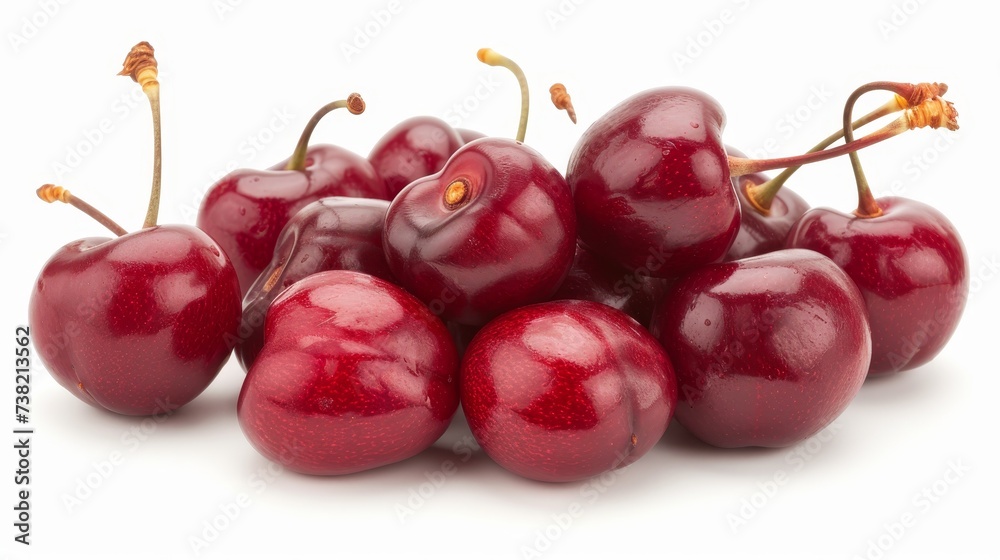 Fresh red cherries pile on background, top view perspective, ripe juicy fruits in vibrant red color Fresh red cherries pile on background, top view perspective, ripe juicy fruits in vibrant red color