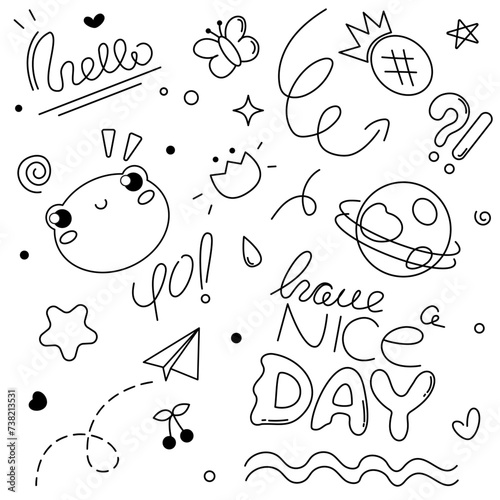 Black and white vector set in doodle style with various hand drawn objects. Dashes, plane, travel, frog, star, heart, curls, arrows, inscriptions