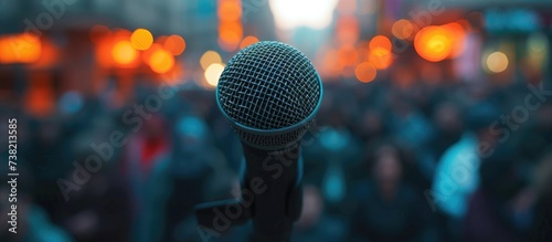Focal point on microphone at protest with blurred crowd. © Sona