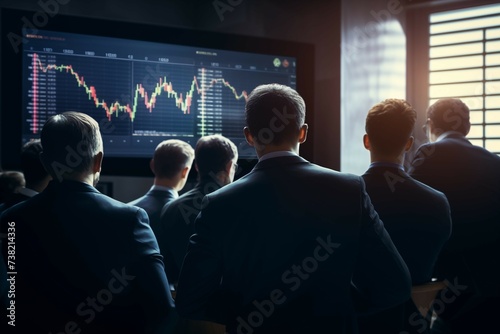 Business people watching financial graphs, with their backs to the viewer