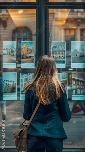 Une femme en train de regarder des annonces dans la vitrine d'une agence immobilière.
