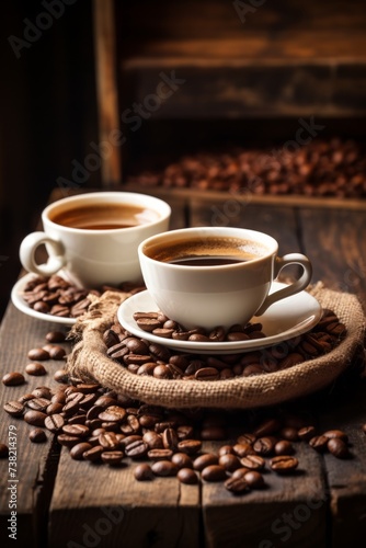 Two white cups of coffee on a table with coffee beans