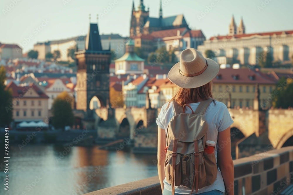 Female woman casual solo traveler alone summer holiday in Europe.