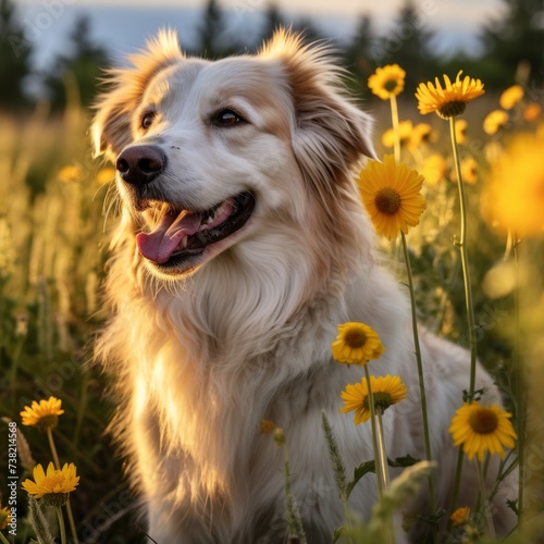A fluffy white and brown dog sits in a field of yellow flowers