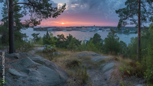 Helsinki cityscape at sunset as seen from the Ullanlinna district