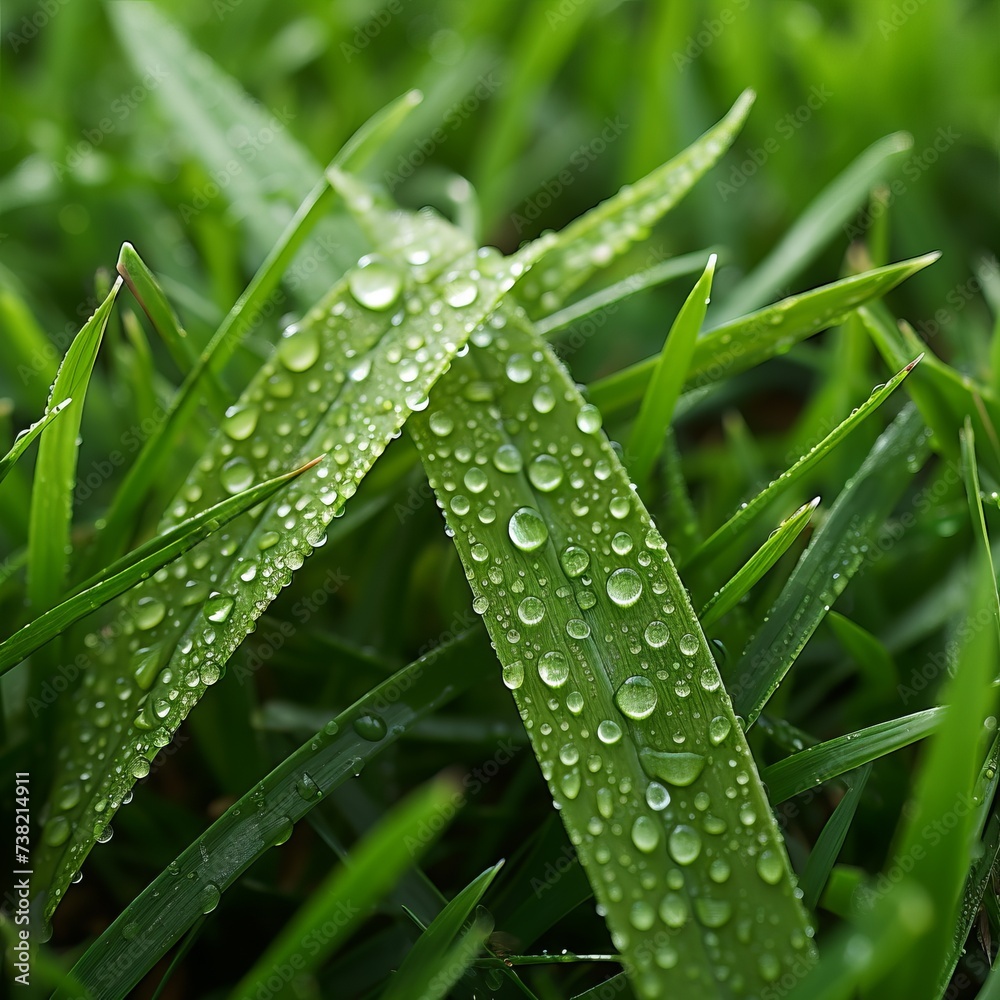 Close-up of water droplets on green grass blades Close-up of water droplets on green grass blades