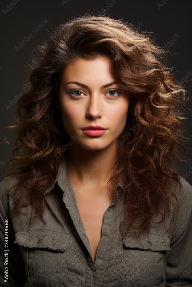 portrait of a beautiful young woman with long brown hair wearing an open collar shirt portrait of a beautiful young woman with long brown hair wearing an open collar shirt