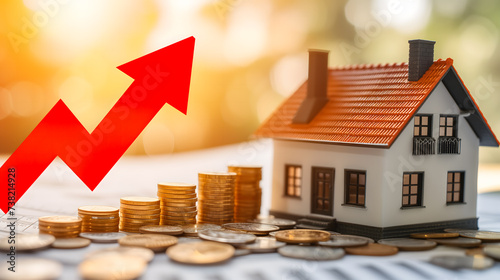 Une maquette de maison avec des pièces de monnaie et une flèche rouge montante symbolisant l'augmentation de la valeur immobilière.