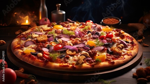 Vegetarian pizza with olives, red onion and mushrooms