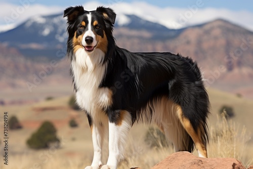 A Border Collie standing on a rock in the desert