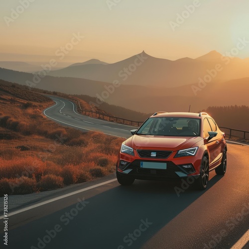 Red SUV on an asphalt road in the mountains at sunset © Adobe Contributor
