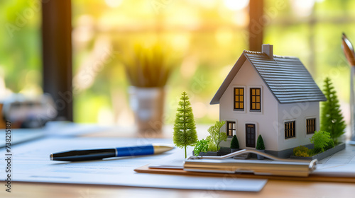 La photo montre une maquette de maison avec des arbres miniatures, posée sur un bureau avec un stylo et des plans. photo