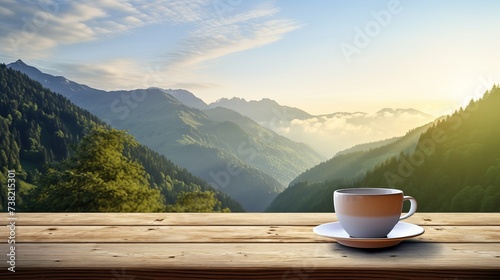 Cup with tea on table over mountains landscape with sunlight. Beauty nature background