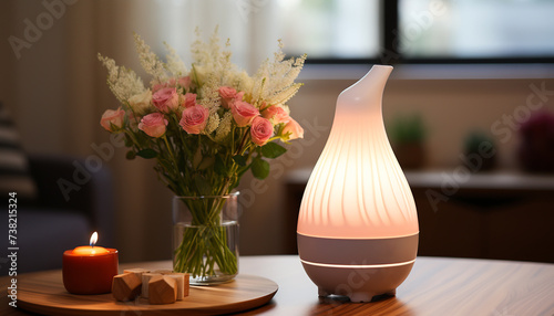 Modern home interior with elegant flower bouquet on wooden table generated by AI