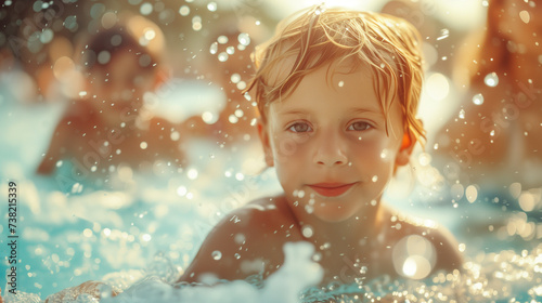 a young boy is swimming in a pool and smiling at the camera © Dmitrii