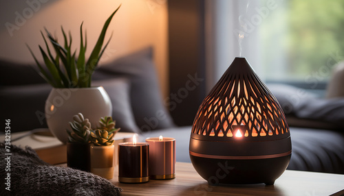 Cozy modern bedroom comfortable wood flooring, elegant decor, illuminated by lamp generated by AI