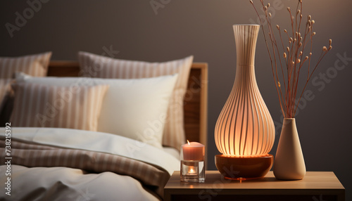 Modern bedroom with comfortable bed, elegant decor, and luxurious relaxation generated by AI