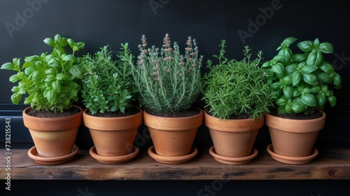 A topdown view of a kitchen windowsill herb garden showcasing an impressive ortment of herbs including rosemary thyme and parsley.