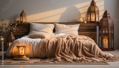 Cozy bedroom with modern design, illuminated by electric lamp generated by AI