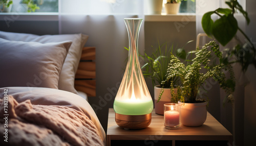 Cozy bedroom with modern decor, illuminated by electric lamp generated by AI