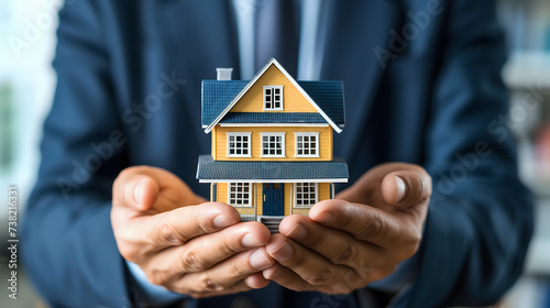 Un banquier tenant une maison miniature entre ses mains. photo