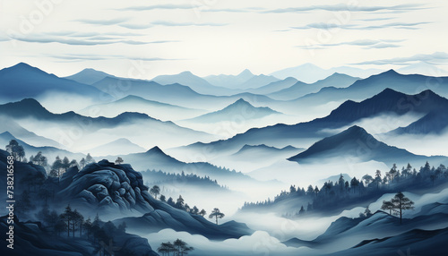 Mountain landscape fog, forest, tree, mountain range, outdoors, mountain peak, blue, non urban scene, cloud, sky generated by AI photo
