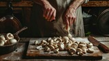 Hands Chef Cutting Fresh Mushrooms From Local Farmers Market Make Pizza Concept