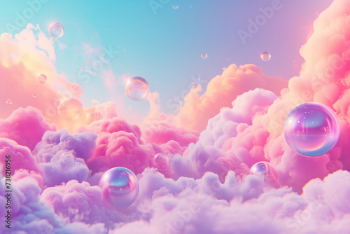 Surreal pastel cloudscape with transparent bubbles floating amidst fluffy clouds, ideal for dreamy backgrounds or imaginative graphic designs. High quality photo