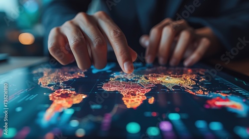 A close-up view of a hand touching an illuminated high-tech world map on a digital device, showcasing network connectivity across continents.