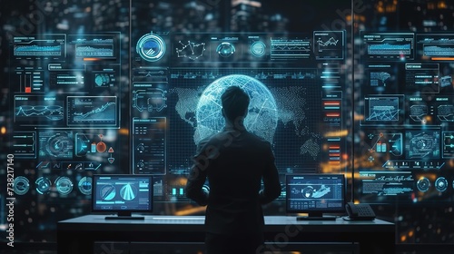 A technician stands before a large digital interface with complex network operations, global connectivity maps, and data analytics in a high-tech control room.
