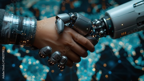 A human hand engaging in a firm handshake with a robot hand against a backdrop of shimmering digital networks, illustrating the partnership between humans and artificial intelligence. © Rattanathip