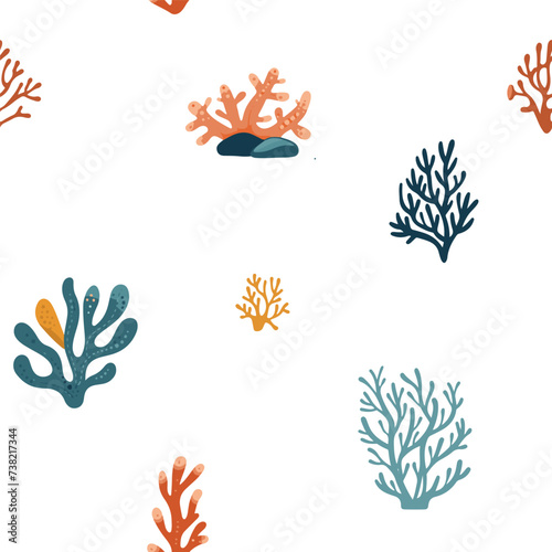 Seamless pattern vector illustration underwater world, coral, sea plants, stones on white background