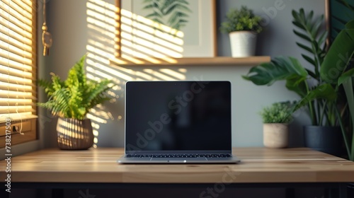 A serene and clean workspace showcasing an open laptop on a wooden desk, complemented by the refreshing presence of various indoor plants and the soft pattern of sunlight through the blinds.