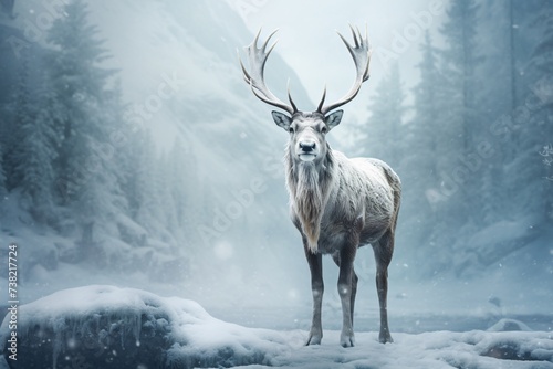 a deer with large antlers standing in snow