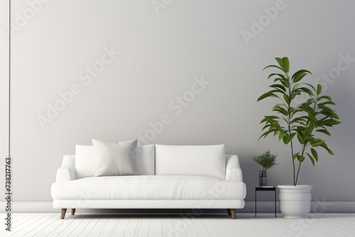 a white couch and a plant in a room