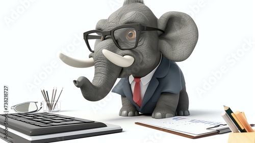 A delightful 3D rendering of a charming elephant, wearing a professional suit and spectacles, diligently working as an auditor. This adorable image perfectly captures the essence of dedicati photo